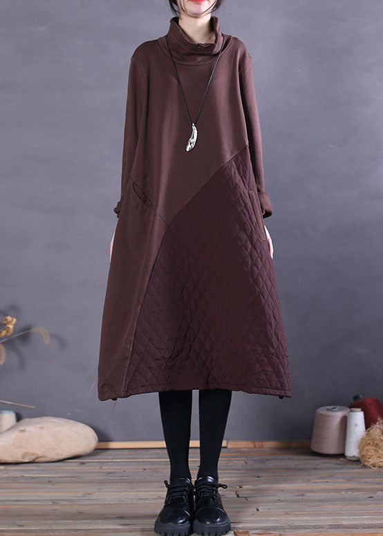 Chocolate Turtle Neck Patchwork Cotton Dresses Spring