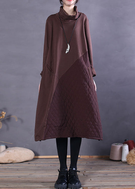 Chocolate Turtle Neck Patchwork Cotton Dresses Spring