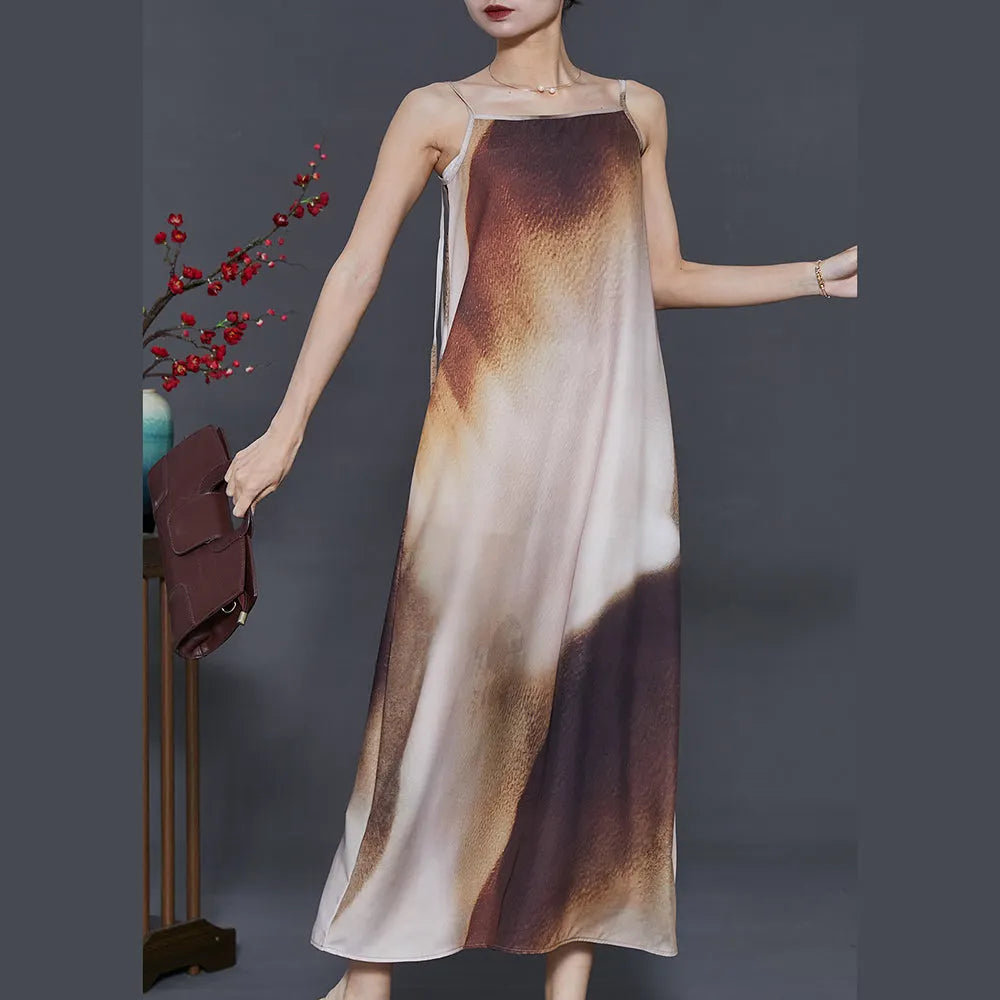 Brown Tie Dye Draping Silk Spaghetti Strap Dress Summer