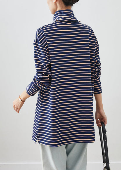 Blue Turtle Neck Striped Cotton Shirt Top Fall