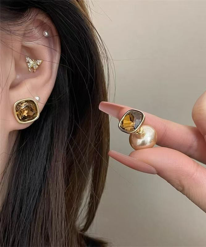 Champagne Copper Overgild Pearl Two Ways of Wearing It Stud Earrings