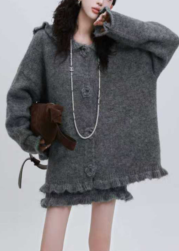 Grey Cotton Knit Hooded Cardigan and Skirts Two Pieces Set Puff Sleeve
