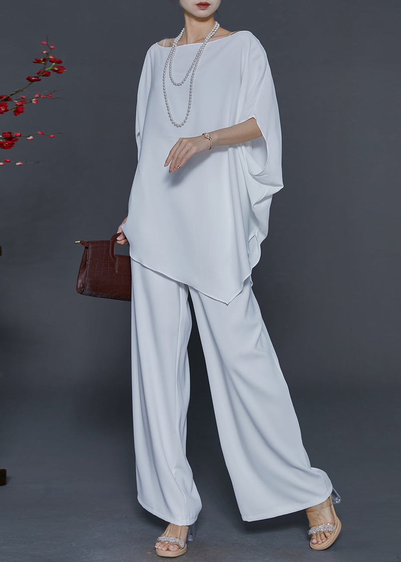 White Asymmetrical Chiffon Two Piece Suit Set Batwing Sleeve