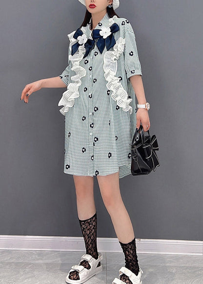 Plaid Peter Pan Collar Button Lace Patchwork Shirt Half Sleeve
