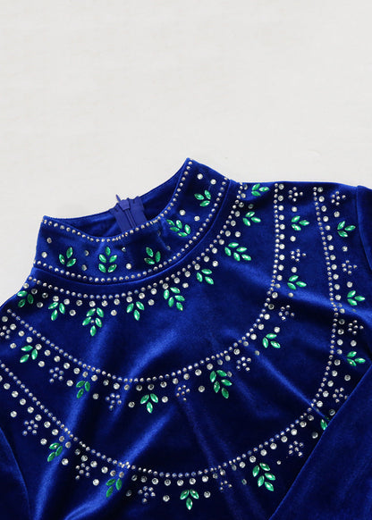 Blue Zippered Zircon Silk Velour Long Dress Long Sleeve