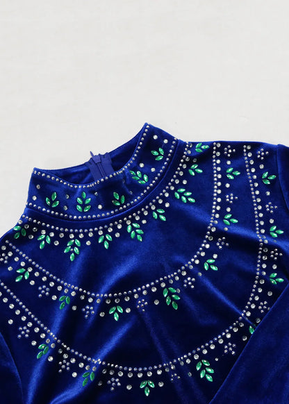Blue Zippered Zircon Silk Velour Long Dress Long Sleeve