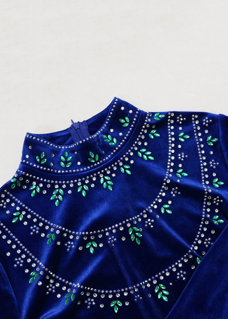 Blue Zippered Zircon Silk Velour Long Dress Long Sleeve