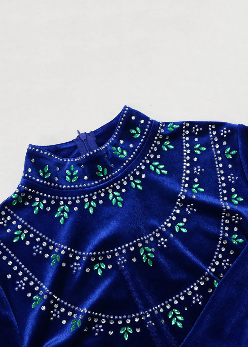 Blue Zippered Zircon Silk Velour Long Dress Long Sleeve