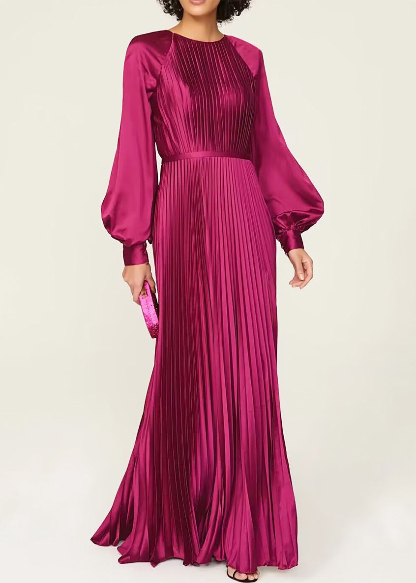 Wine Red O Neck Wrinkled High Waist Silk Dresses Fall