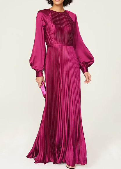 Wine Red O Neck Wrinkled High Waist Silk Dresses Fall