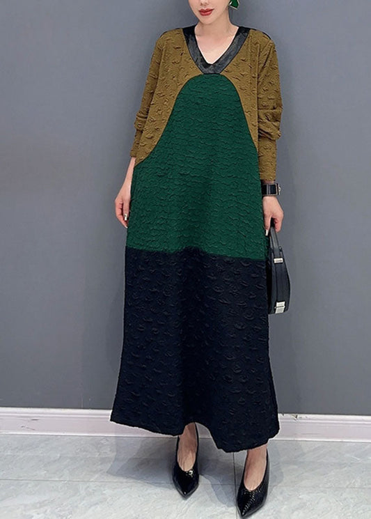 Colorblock O-neck Long Dresses Fall