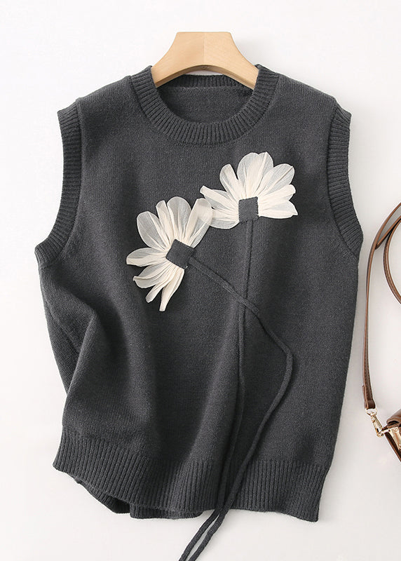 Stylish Black O Neck Patchwork Knit Vest Tops Sleeveless