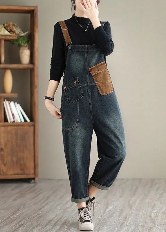 Dark Blue Pockets Patchwork Denim Jumpsuits Spring