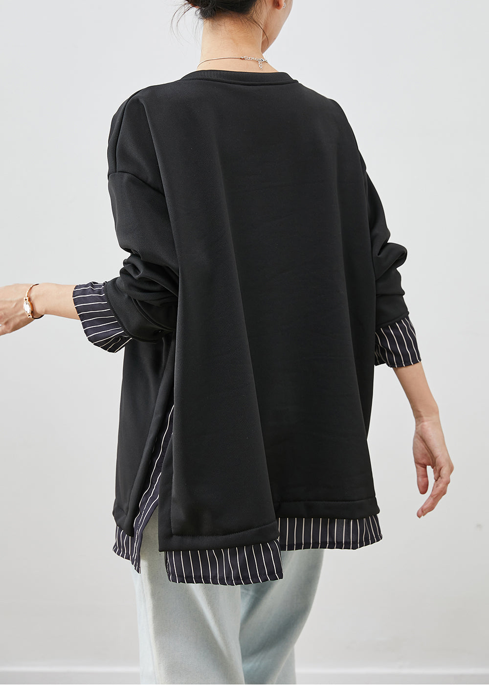 Black Oversized Patchwork Striped Cotton Sweatshirt Fall