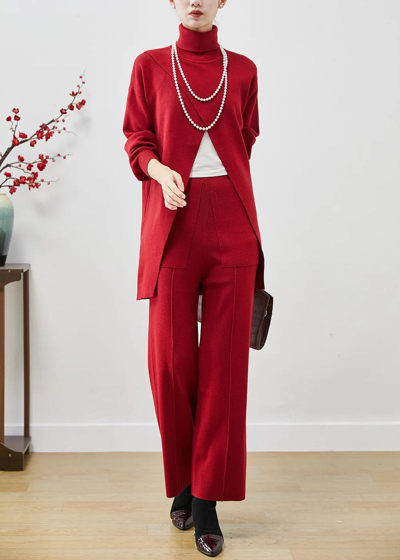 Red Turtle Neck Side Open Original Design Knit Two Pieces Set Spring