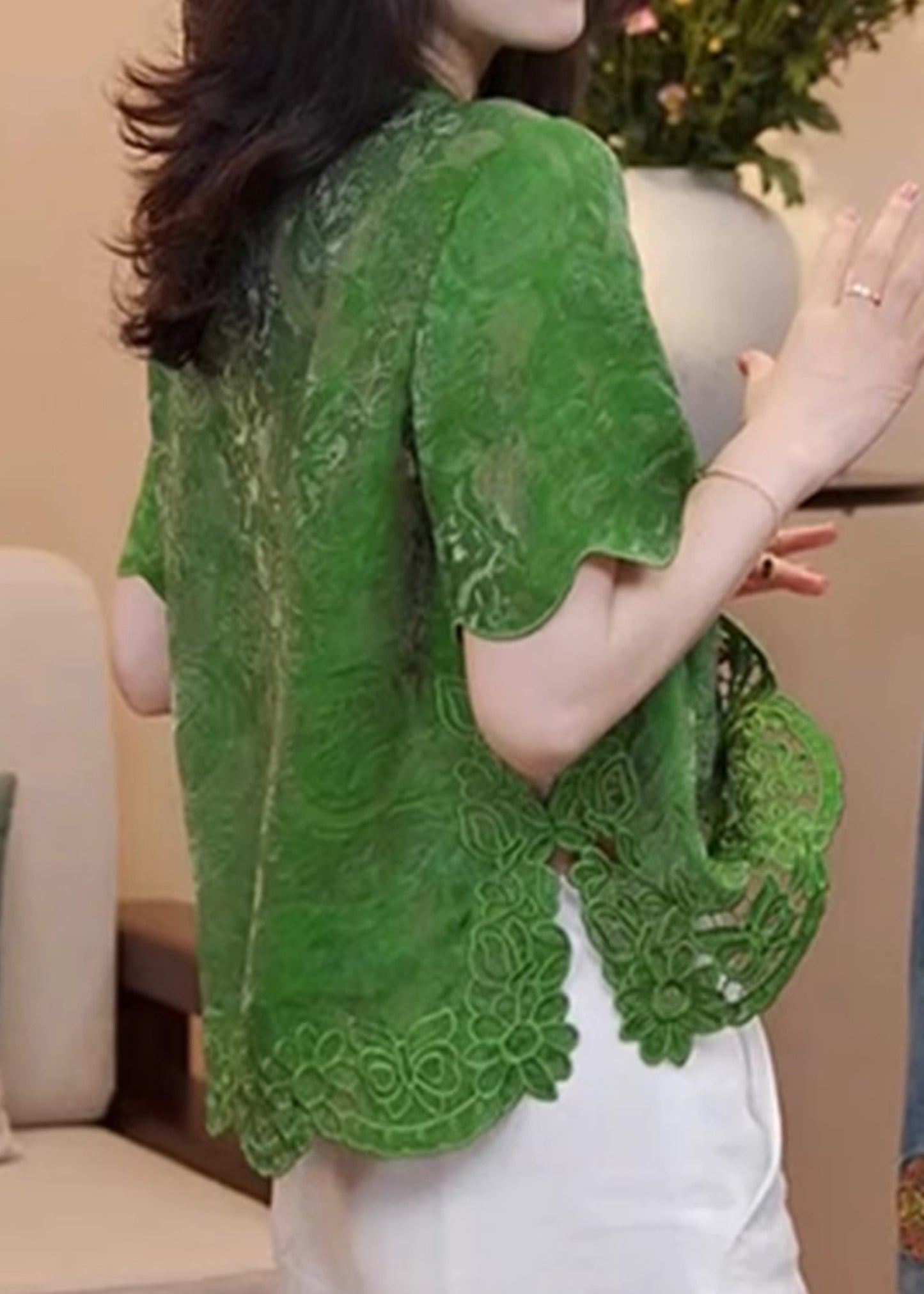 Chinese Style Green Stand Collar Hollow Out Cotton Blouse Summer