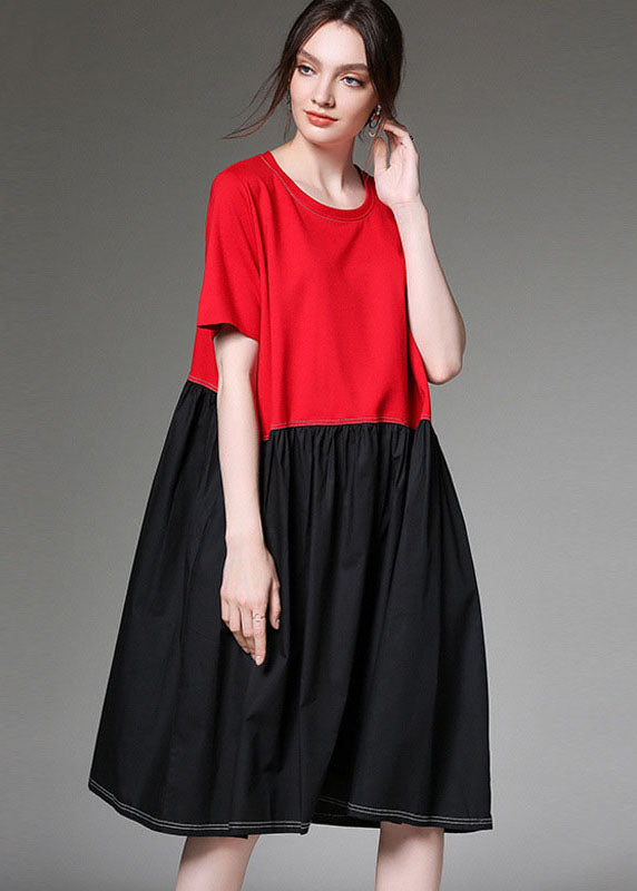 Colorblock O Neck Patchwork Cotton Dress Half Sleeve