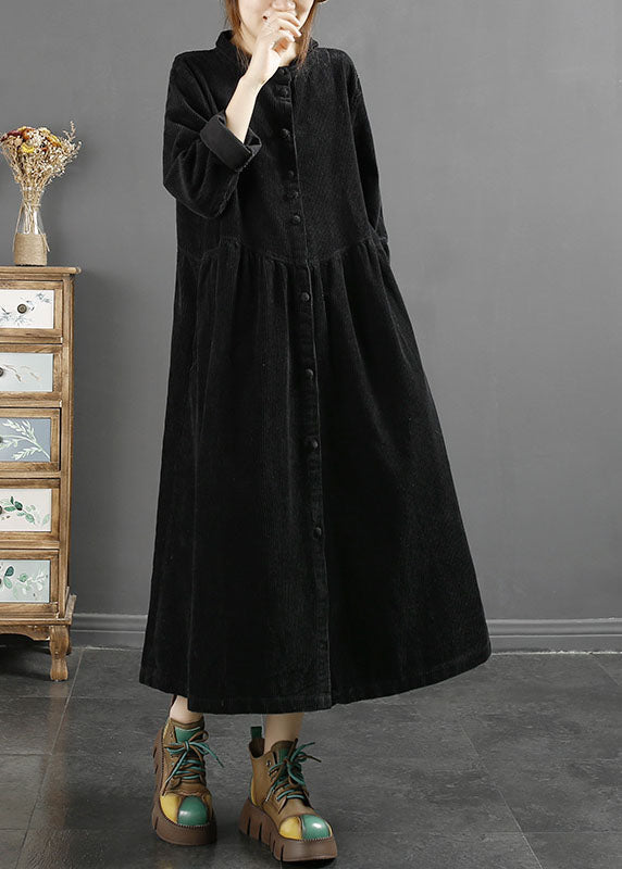 Coffee Square Collar Wrinkled Patchwork Corduroy Long Trench Coats Long Sleeve