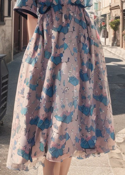 Blue V Neck Print Pockets Silk Dress Short Sleeve