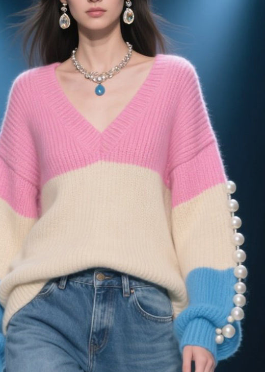 Unique Colorblock V Neck Nail Bead Patchwork Knit Sweaters Fall