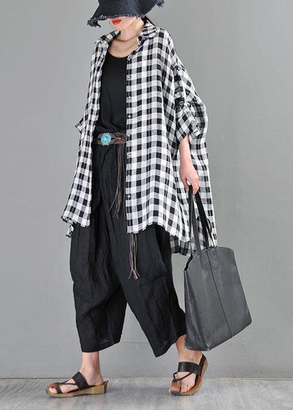 Black Plaid Batwing Sleeve Linen Top Summer