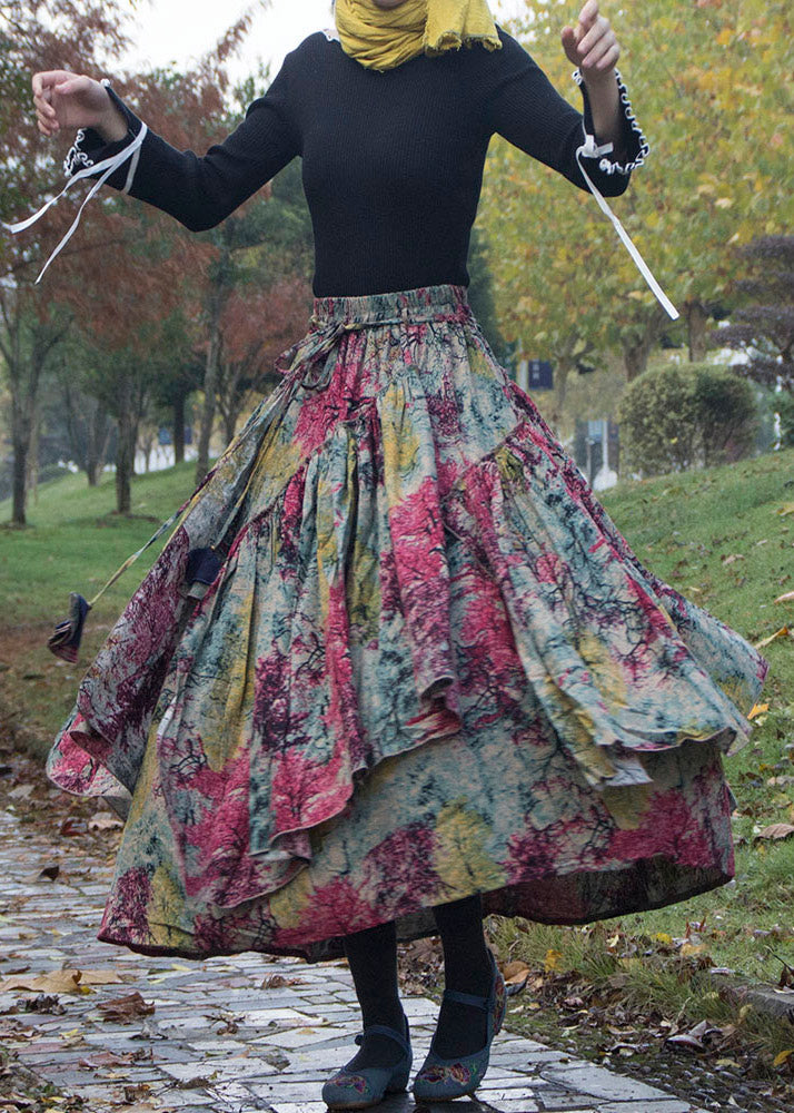 Print Wrinkled Asymmetrical Patchwork Cotton Skirts Fall