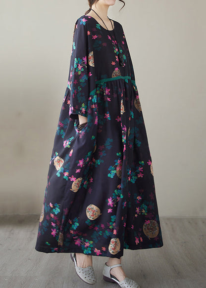 Navy Print Maxi Dresses Long Sleeve