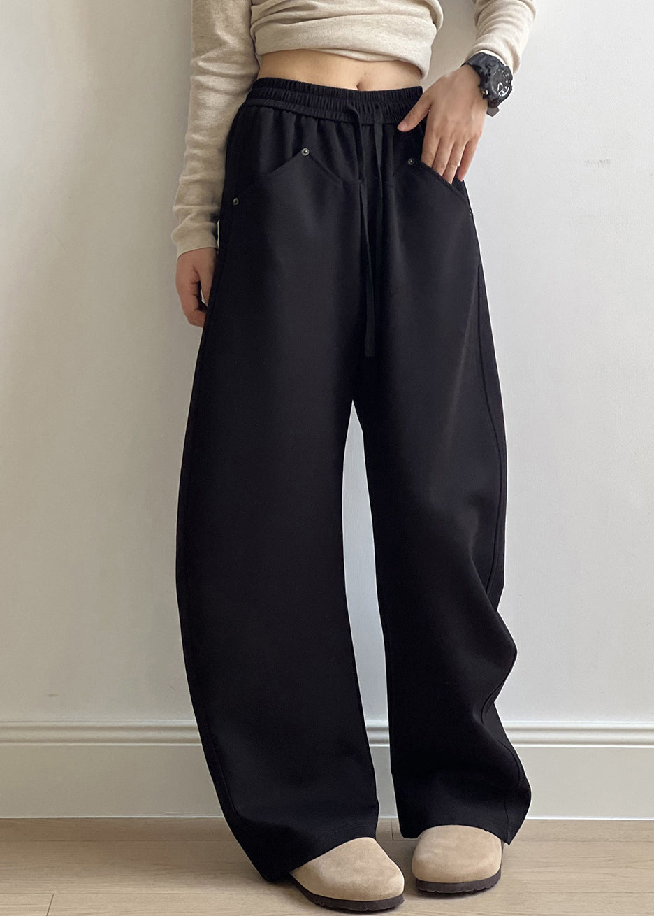 Black Pockets Cotton Pants Drawstring Elastic Waist Fall