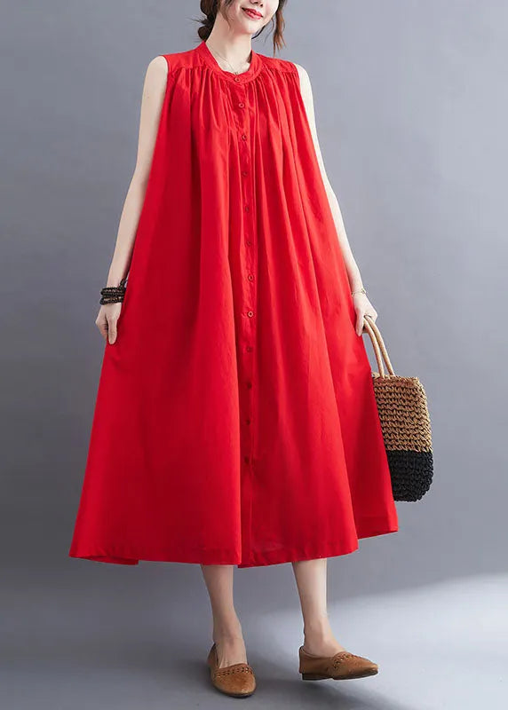French Red O-neck Wrinkled Cotton a Line Dresses Sleeveless