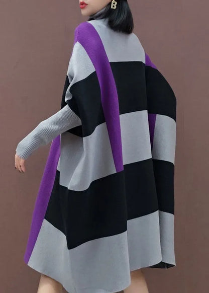 Loose Grey Black Striped Knit Dress Long Sleeve