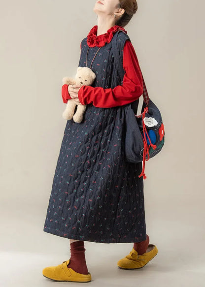 Loose Navy Print Dress and Red Ruffled T Shirt Cotton Filled Two Pieces Set Winter
