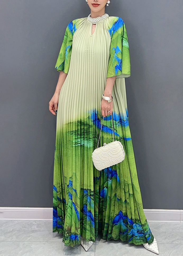 Green Turtleneck Print Tie Waist Maxi Dress Half Sleeve