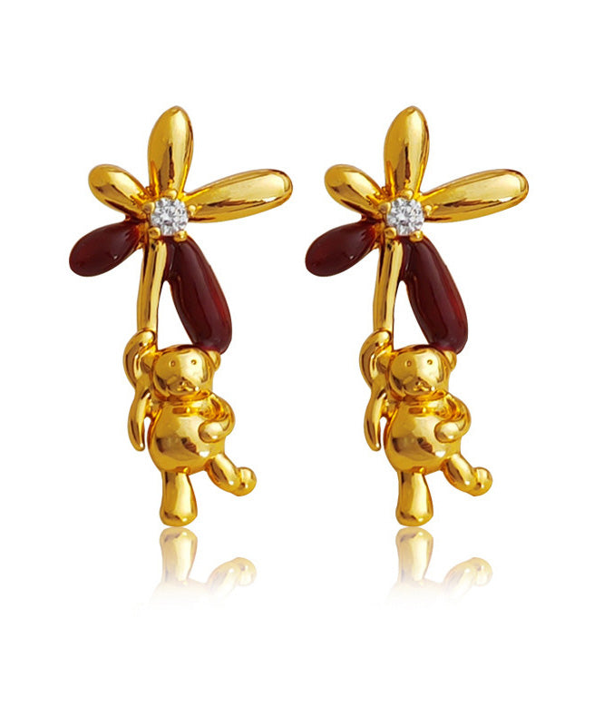 Stylish Gold Copper Overgild Oil Drip Zircon Little Bear Stud Earrings