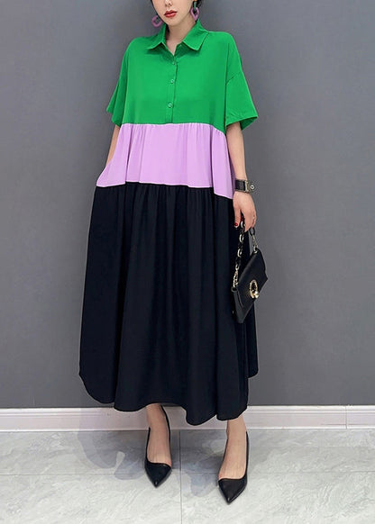 Colorblock Peter Pan Collar Patchwork Cotton a Line Dress Short Sleeve