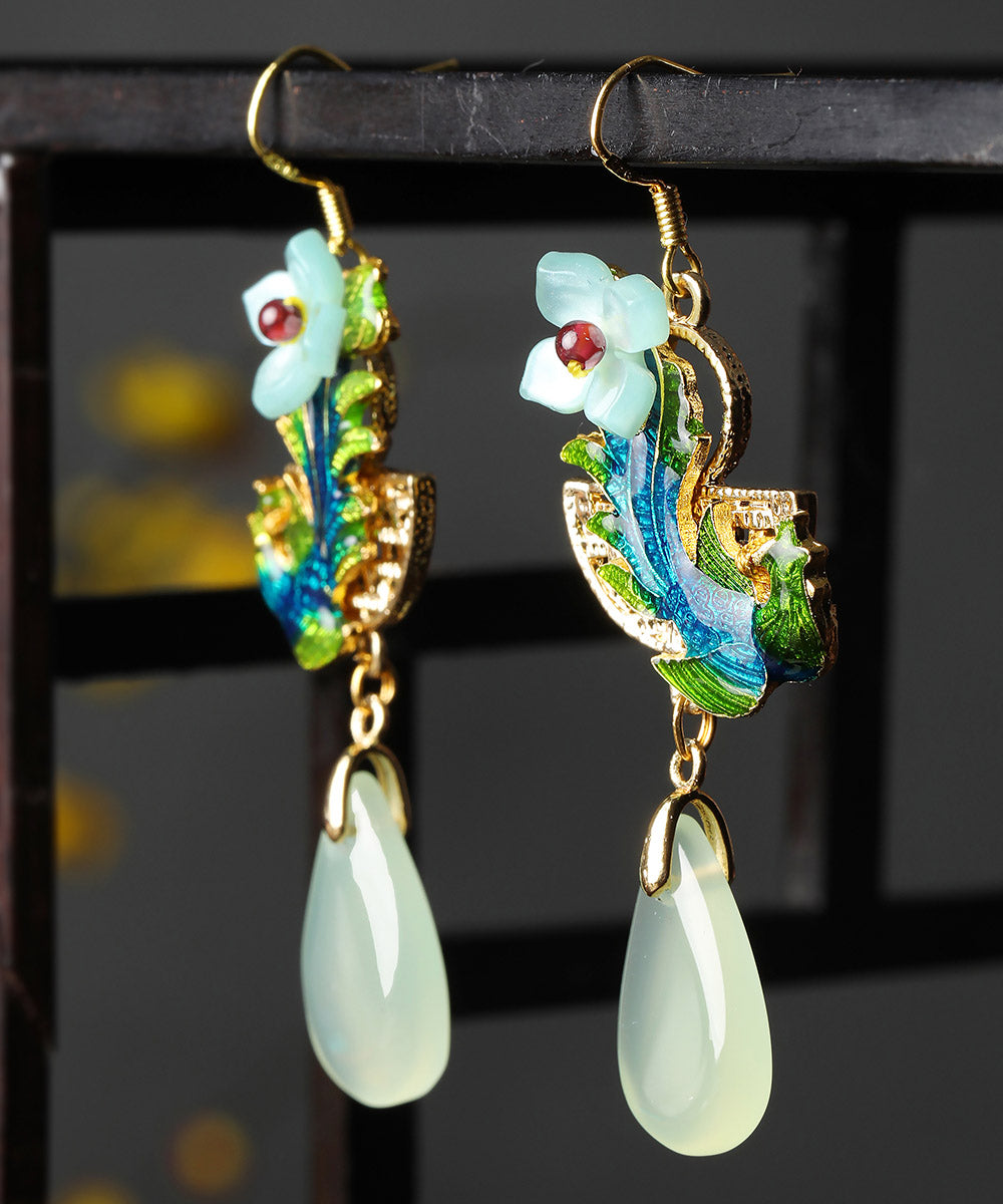 Art Light Green Jade Cloisonne Gem Stone Drip Drop Earrings