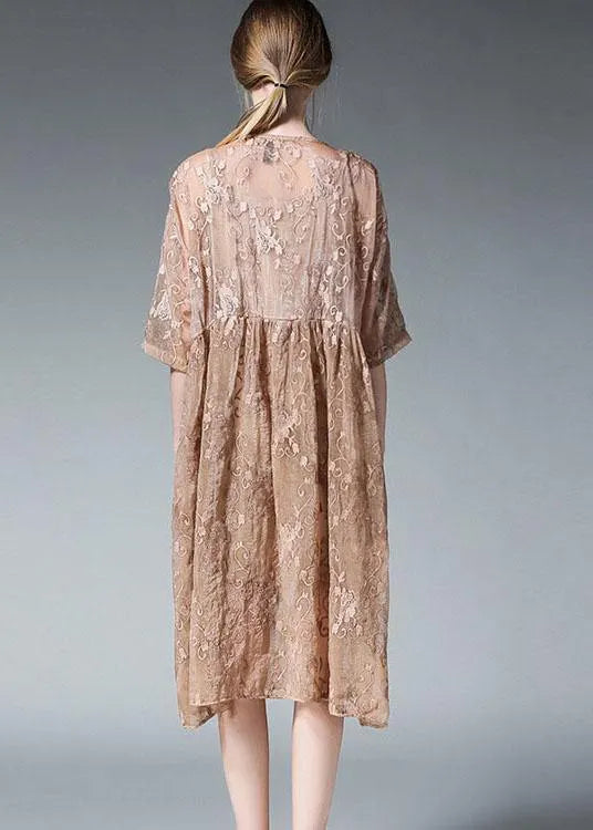 Loose Khaki O-neck Patchwork Summer Dress Half Sleeve