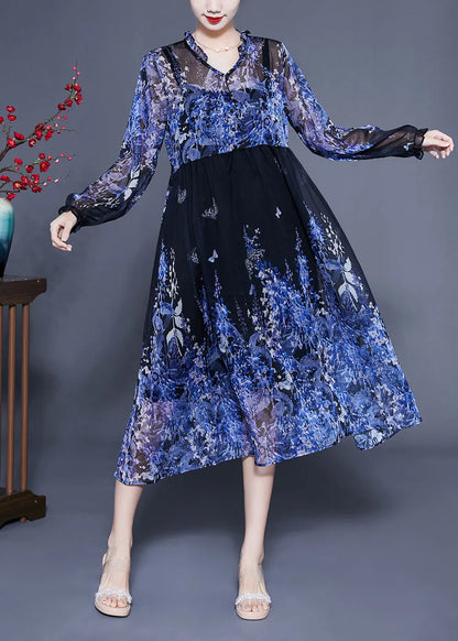Blue V Neck Ruffled Print Chiffon Holiday Dresses Two Piece Set Summer