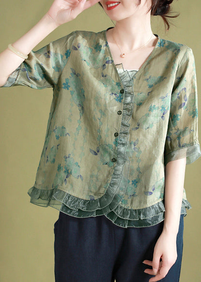 Green V Neck Print Patchwork Linen Shirts Summer