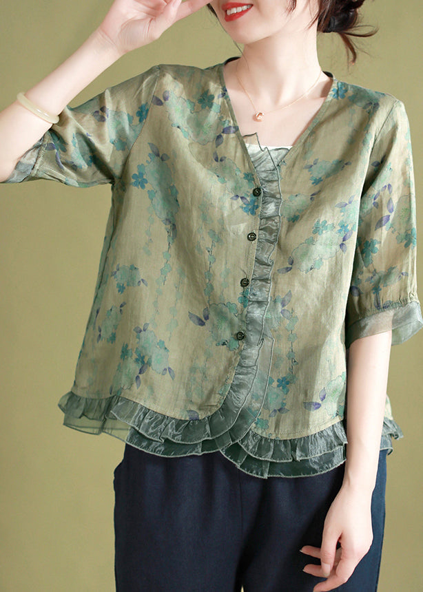 Green V Neck Print Patchwork Linen Shirts Summer