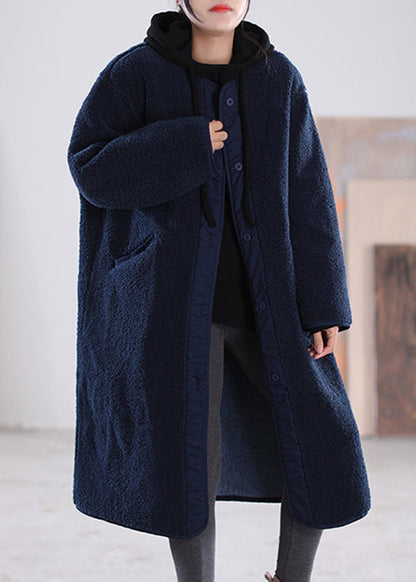 Loose Chocolate O-neck Patchwork Button Pockets Faux Fur Coats Long Sleeve