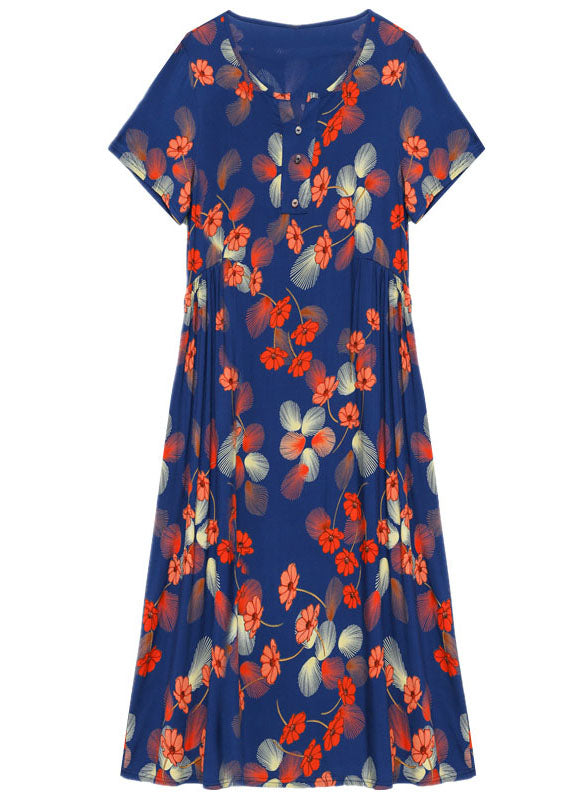 Blue O-neck Wrinkled Print Cotton Cinch Dresses Short Sleeve