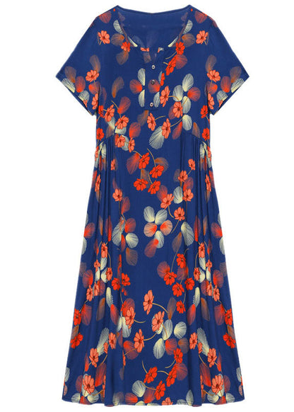 Blue O-neck Wrinkled Print Cotton Cinch Dresses Short Sleeve