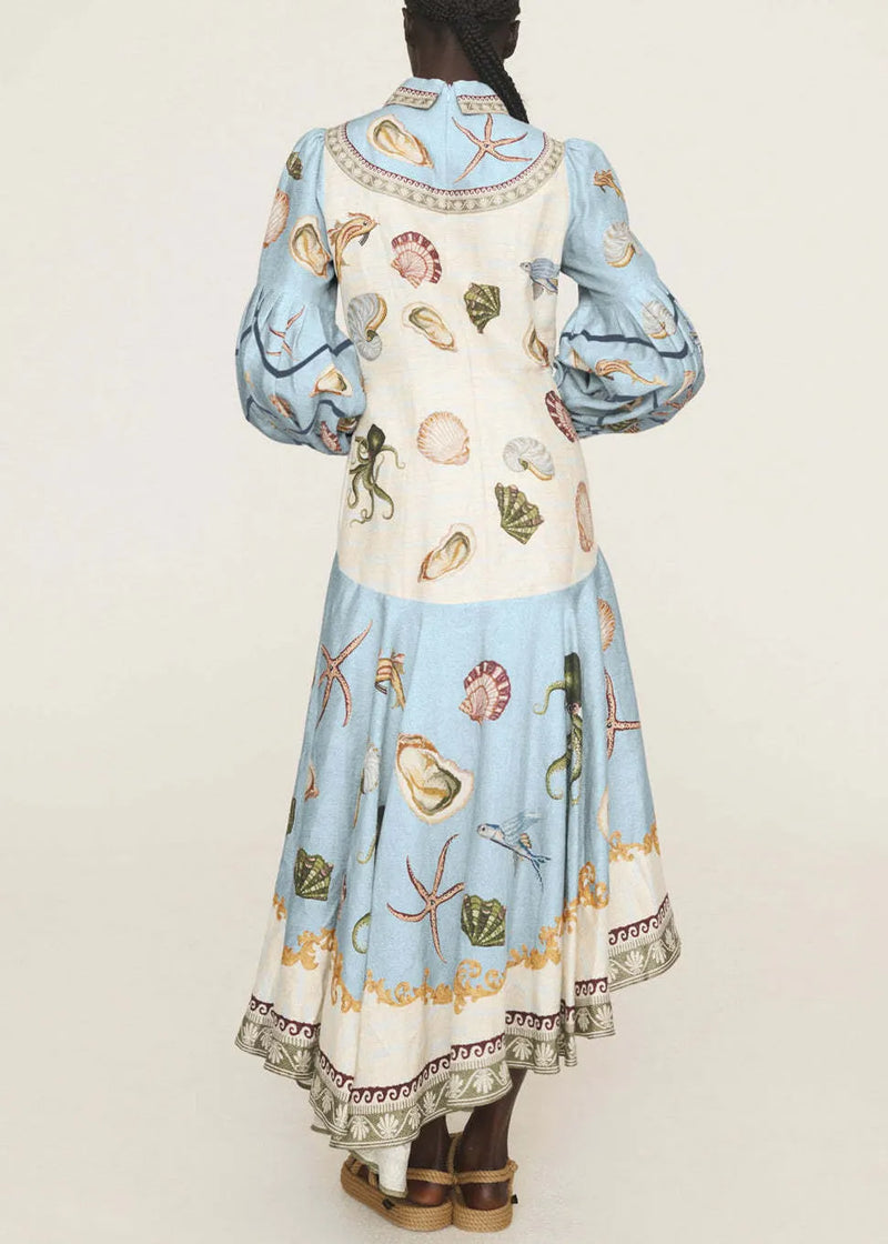 New Blue Button Print Lace Up Cotton Long Dress Spring
