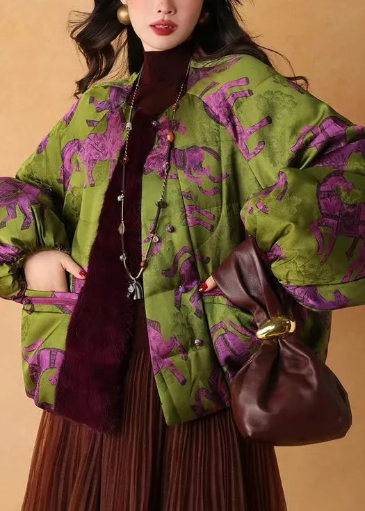 Green Print Patchwork Mink Velvet Duck Down Puffers Jackets Winter