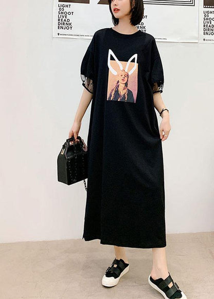 Unique Black O-neck Puff Sleeve Summer Character Long Dress