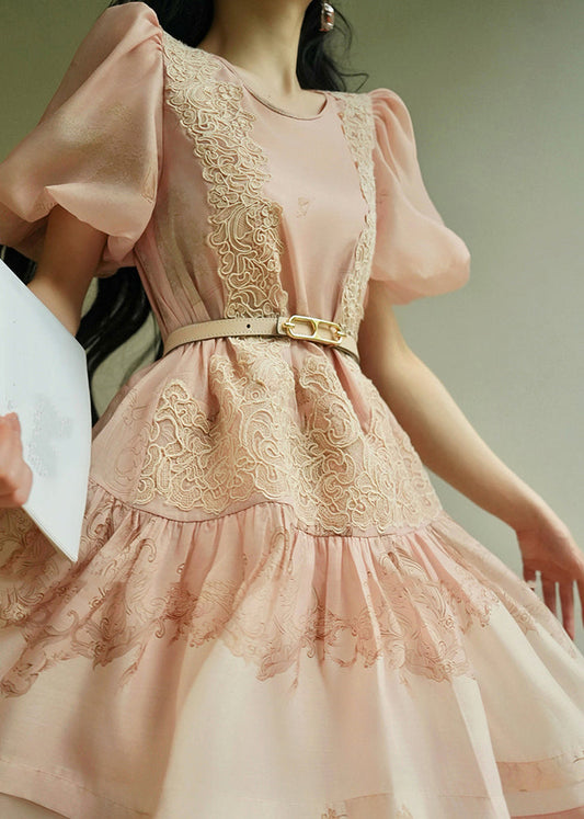 Pink O-neck Embroidered Mid Dresses Summer