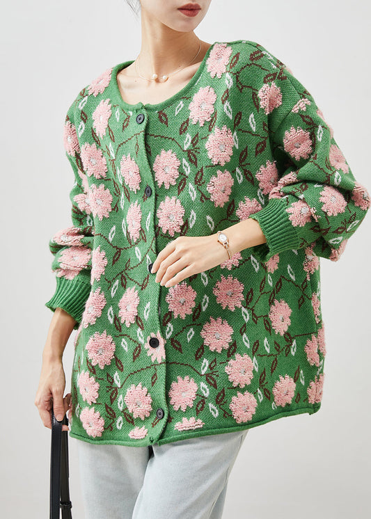 Green Jacquard Cozy Knit Cardigans Oversized Winter