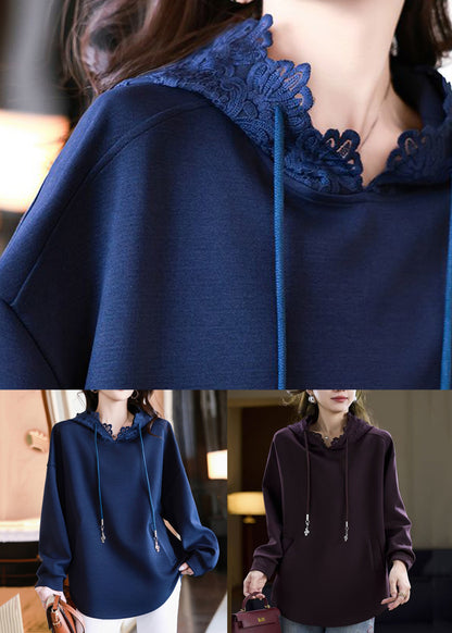 Purple Pockets Cotton Fall Sweatshirts Hooded