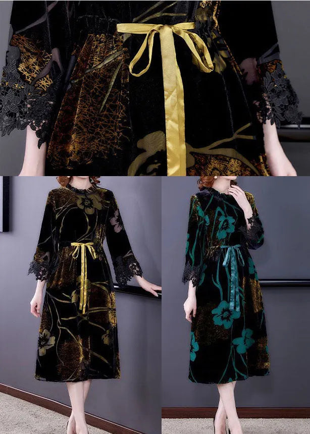 Green Cinched Jacquard Silk Velour Long Dress Spring