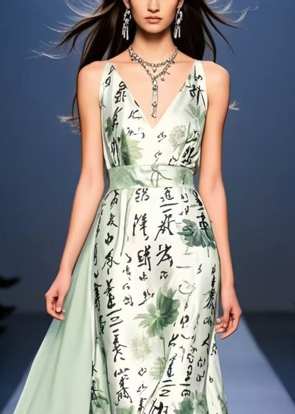 Light Green Print Exra Large Hem Silk Cami Dresses Sleeveless